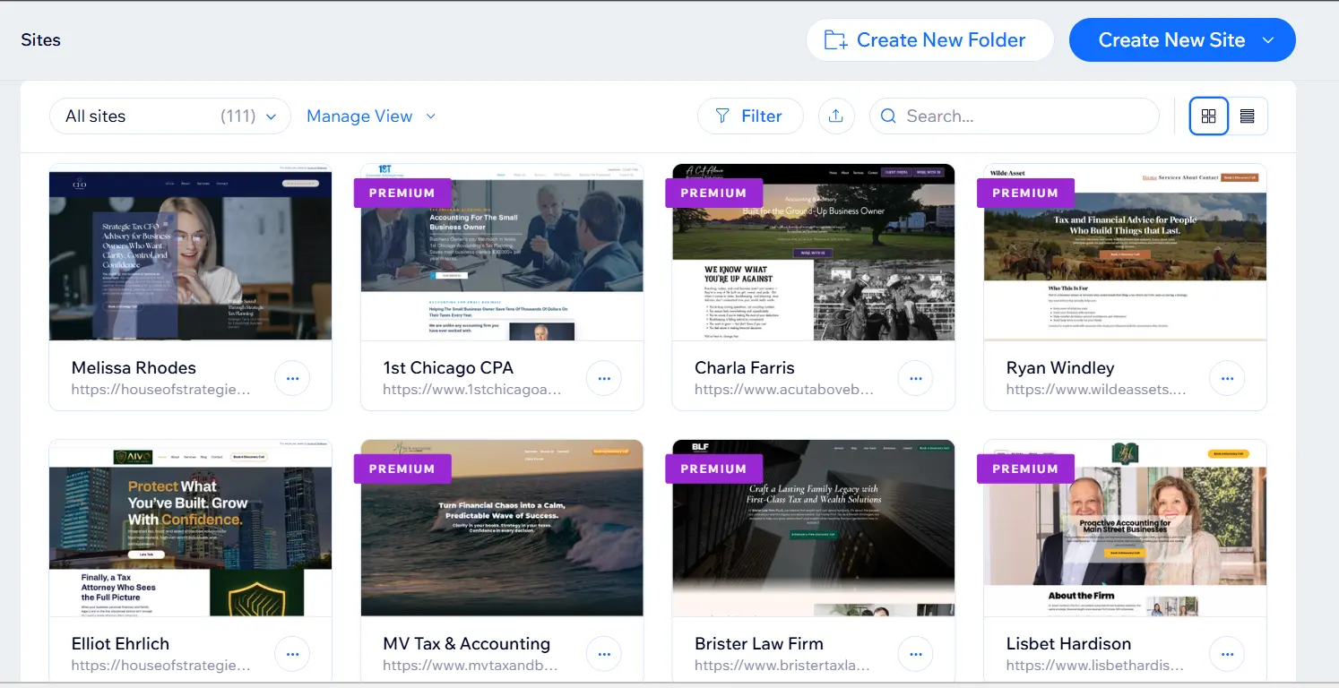 NexioBit 111+ websites portfolio dashboard showing all sites built for financial professionals