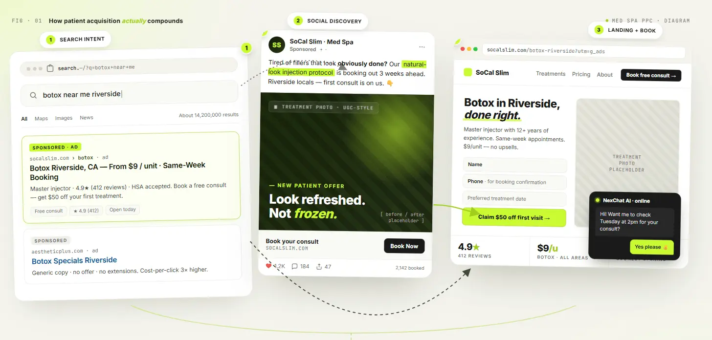 NexioBit medspa ad campaigns showcase featuring Google Search ads, Meta Facebook and Instagram ad creative, performance dashboards, and treatment-specific landing pages