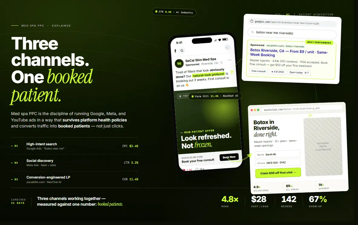Med spa PPC explained showing Google Ads search results, Meta Ads creative, and conversion-engineered landing pages working together for patient acquisition