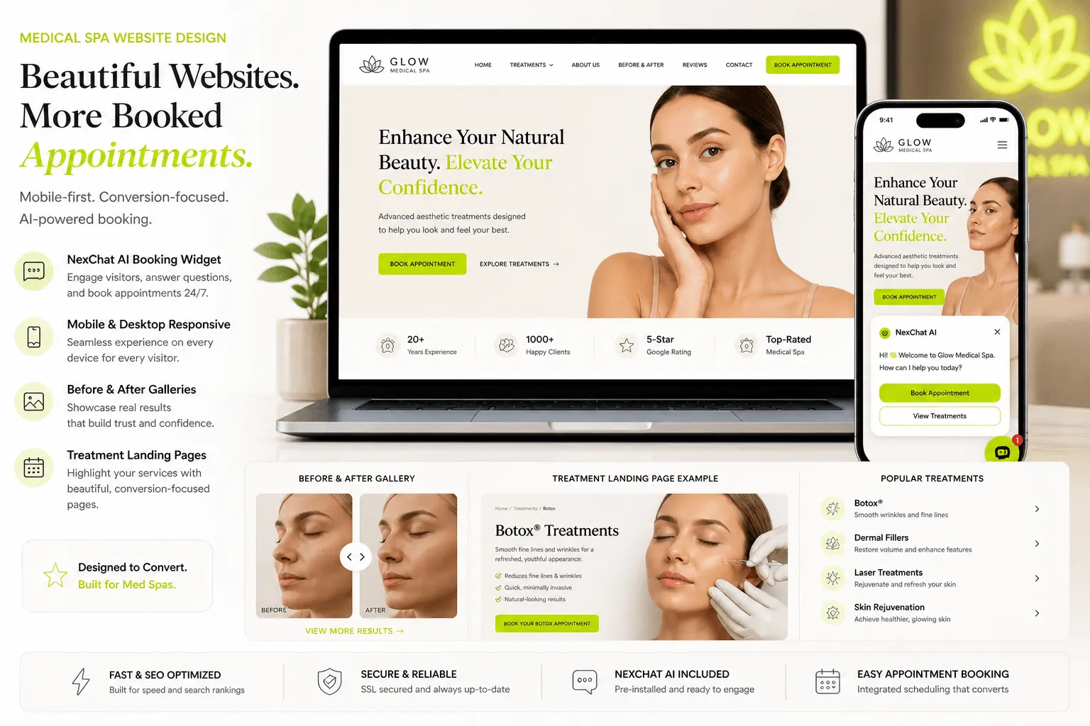 Medical spa website design example showing mobile and desktop responsive layouts with NexChat AI booking widget, before-and-after gallery, and treatment landing pages