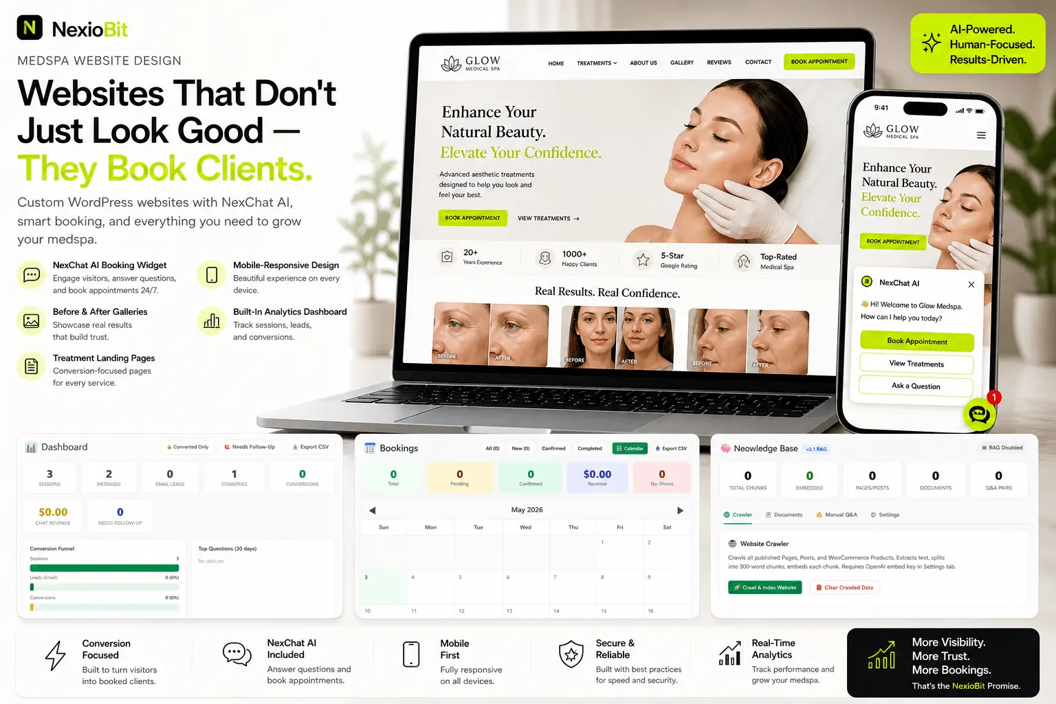 NexioBit medspa website design showcase featuring custom WordPress designs with NexChat AI booking widgets, before-and-after galleries, mobile-responsive layouts, and treatment landing pages