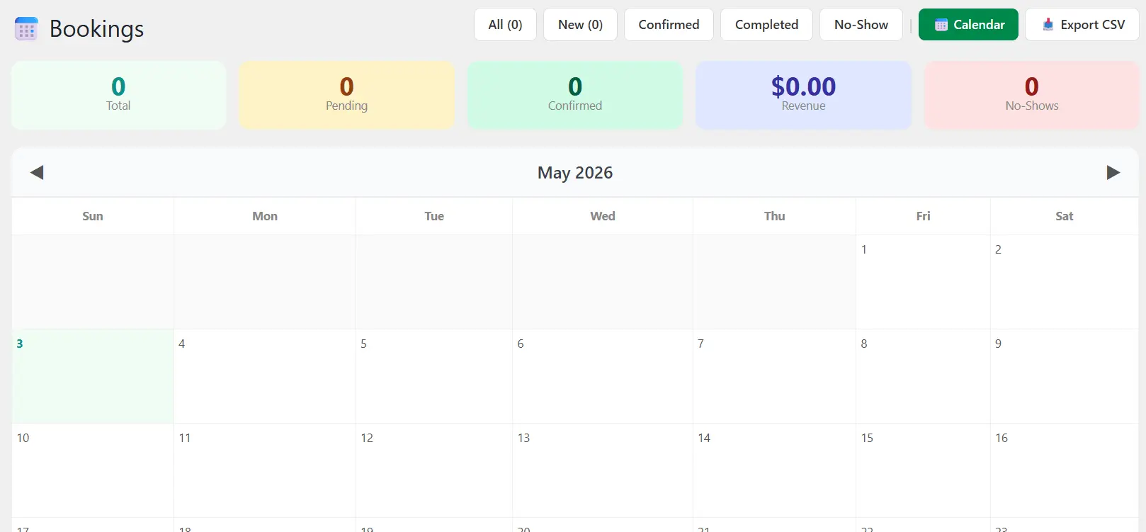 NexioFront medspa booking software dashboard showing scheduled appointments with patient name, date, time, treatment type, and status