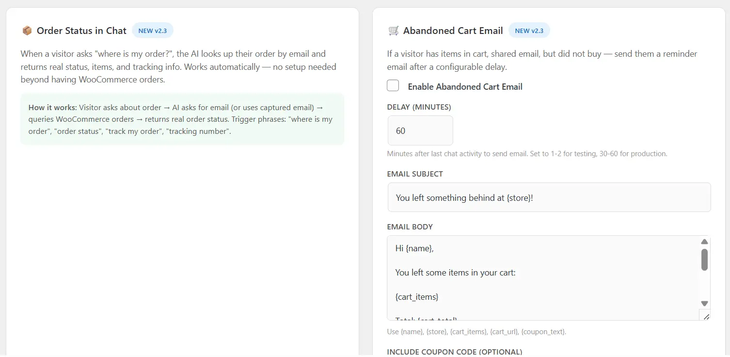 NexioFront medspa WooCommerce integration showing skincare product cards inside the chat widget with prices, images, add-to-cart buttons, and cart recovery