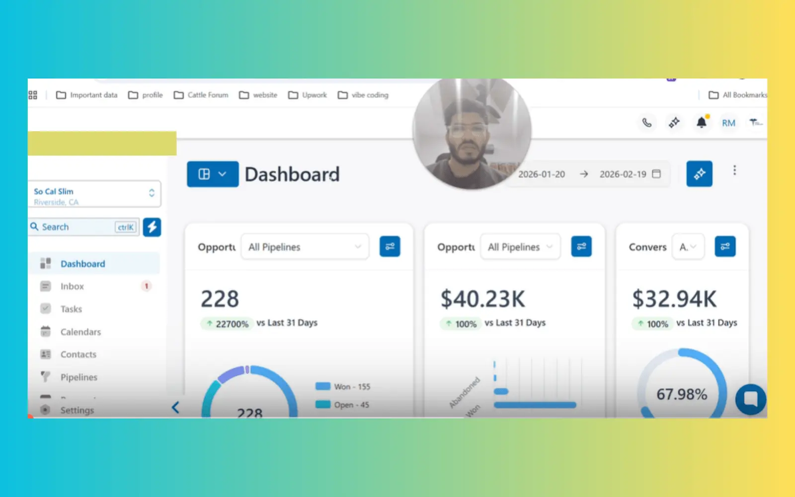 Live <strong>AesthetixCRM Dashboard</strong> — Jan 20–Feb 19, 2026: 228 opportunities, $40.23K pipeline value, $32.94K won at 67.98% conversion rate.