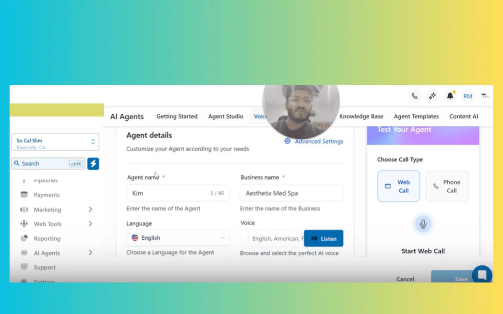 <strong>GHL AI Agents Studio</strong> — Kim configured for Aesthetix Med Spa with Web Call + Phone Call capability, English (American) voice profile.