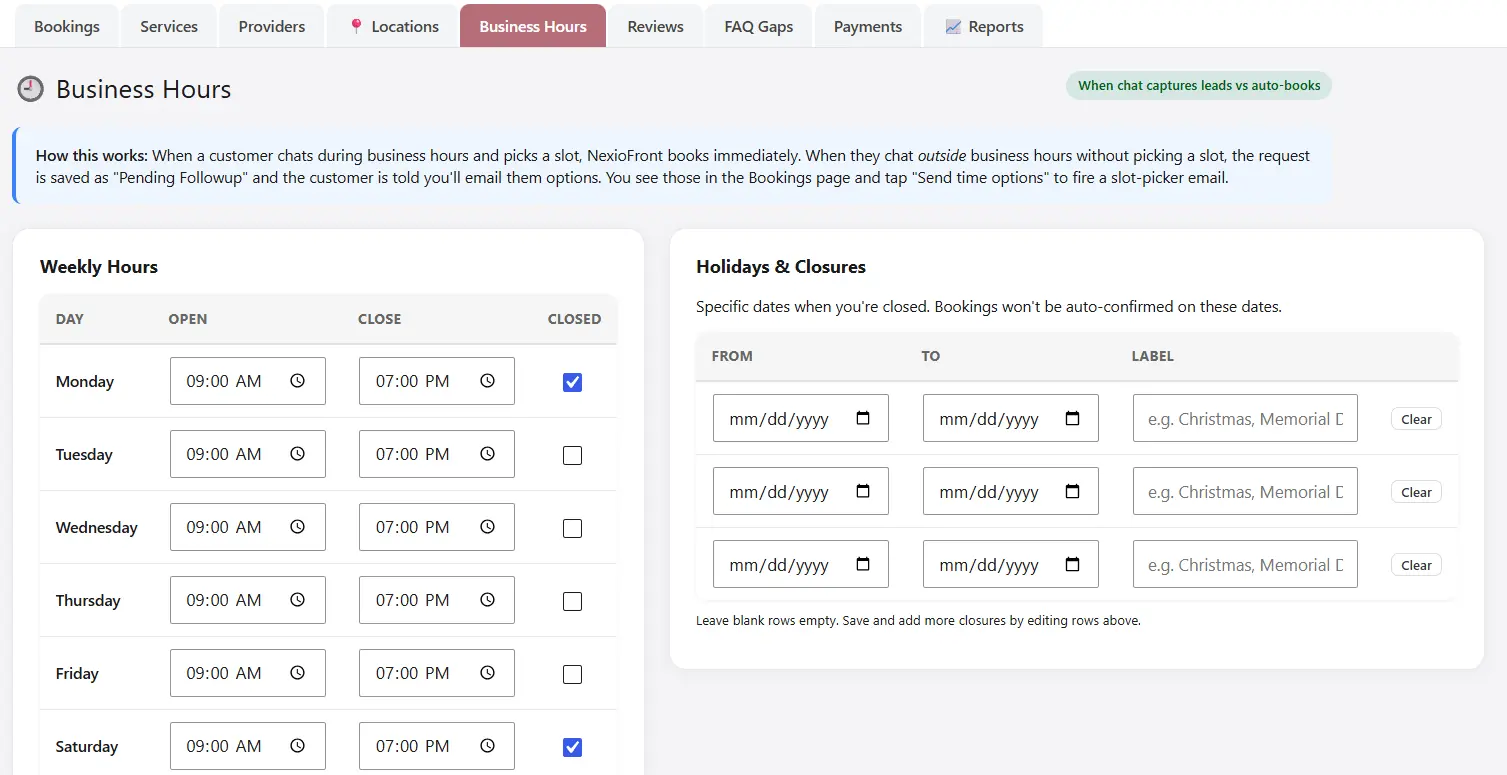 Business hours setup with holiday closures
