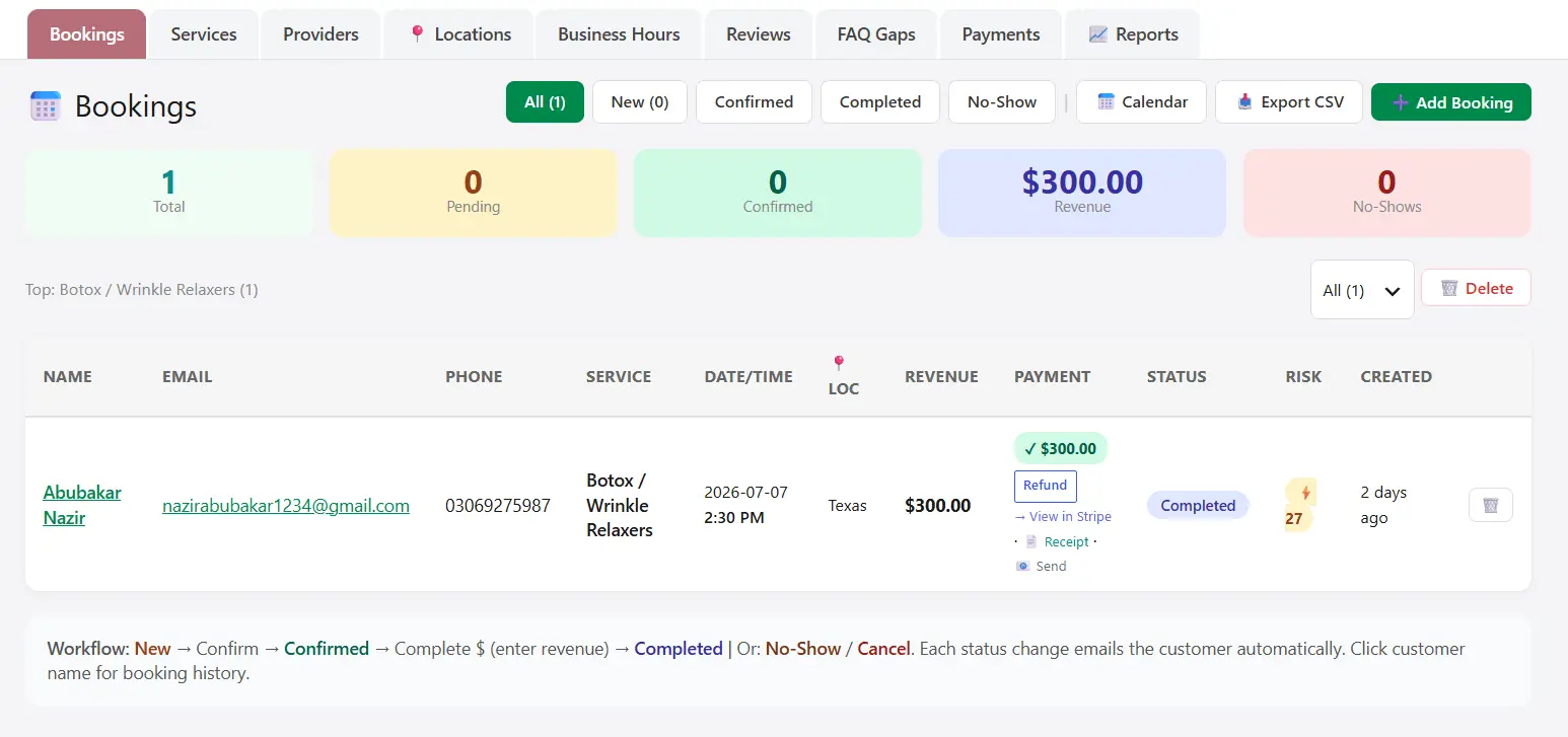 NexioFront all-in-one WordPress admin dashboard with bookings, revenue, and calendar view
