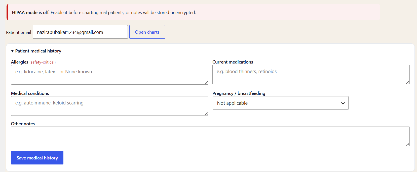 Patient medical history with allergy alerts