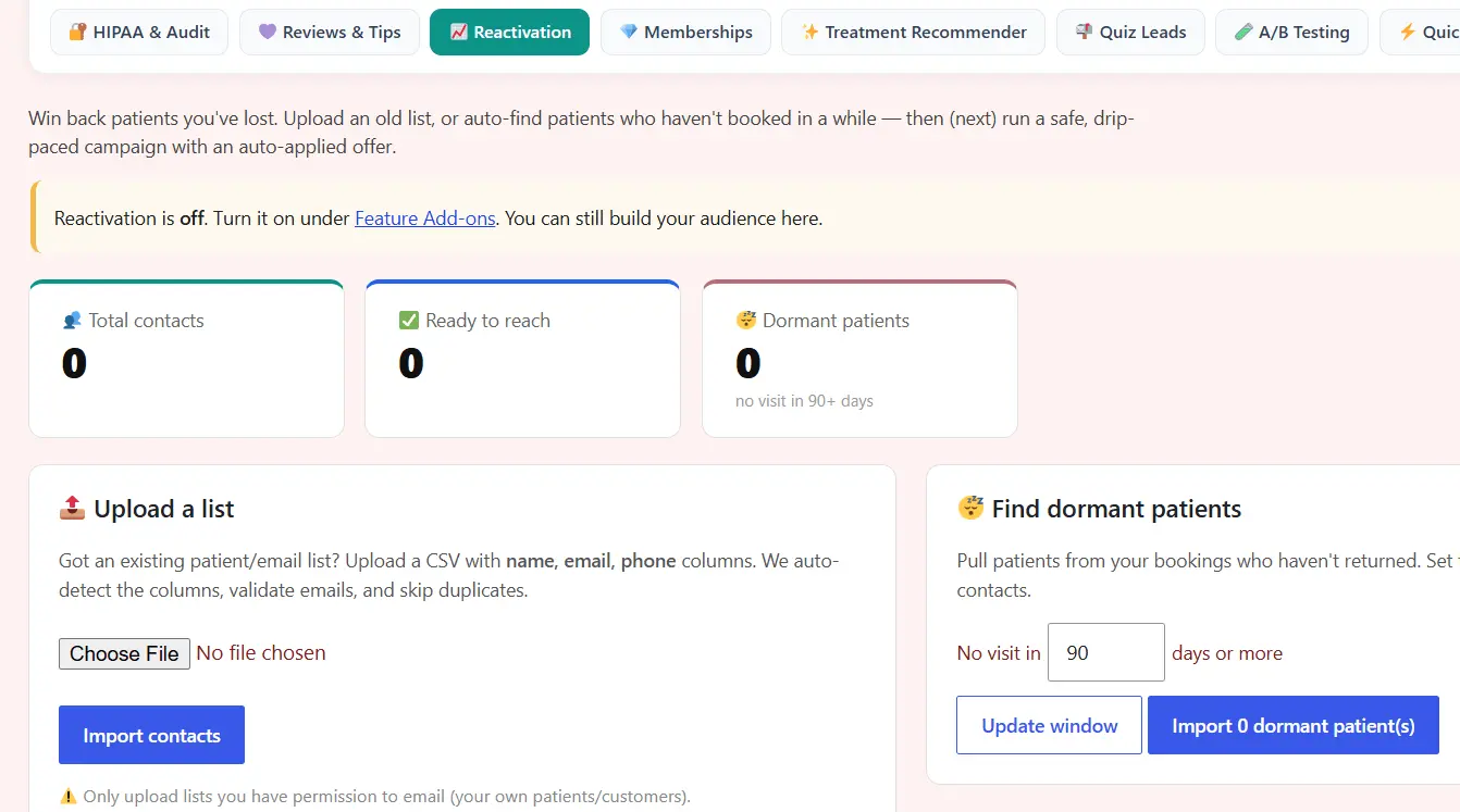 NexioFront bookings dashboard with no-show risk score and missed-call recovery