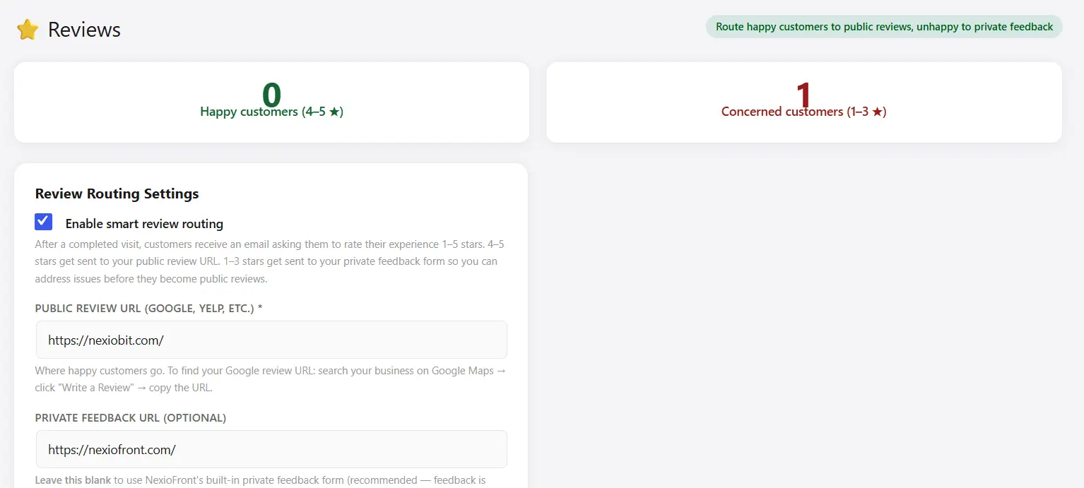NexioFront feedback dashboard with post-visit patient scores and comments