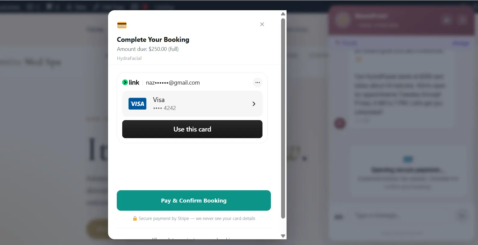 Stripe Link one tap checkout for bookings