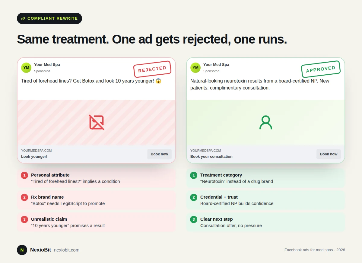 Side-by-side med spa Facebook ads for neurotoxin: a rejected ad using personal attributes and a Botox claim, and an approved compliant version with provider credentials