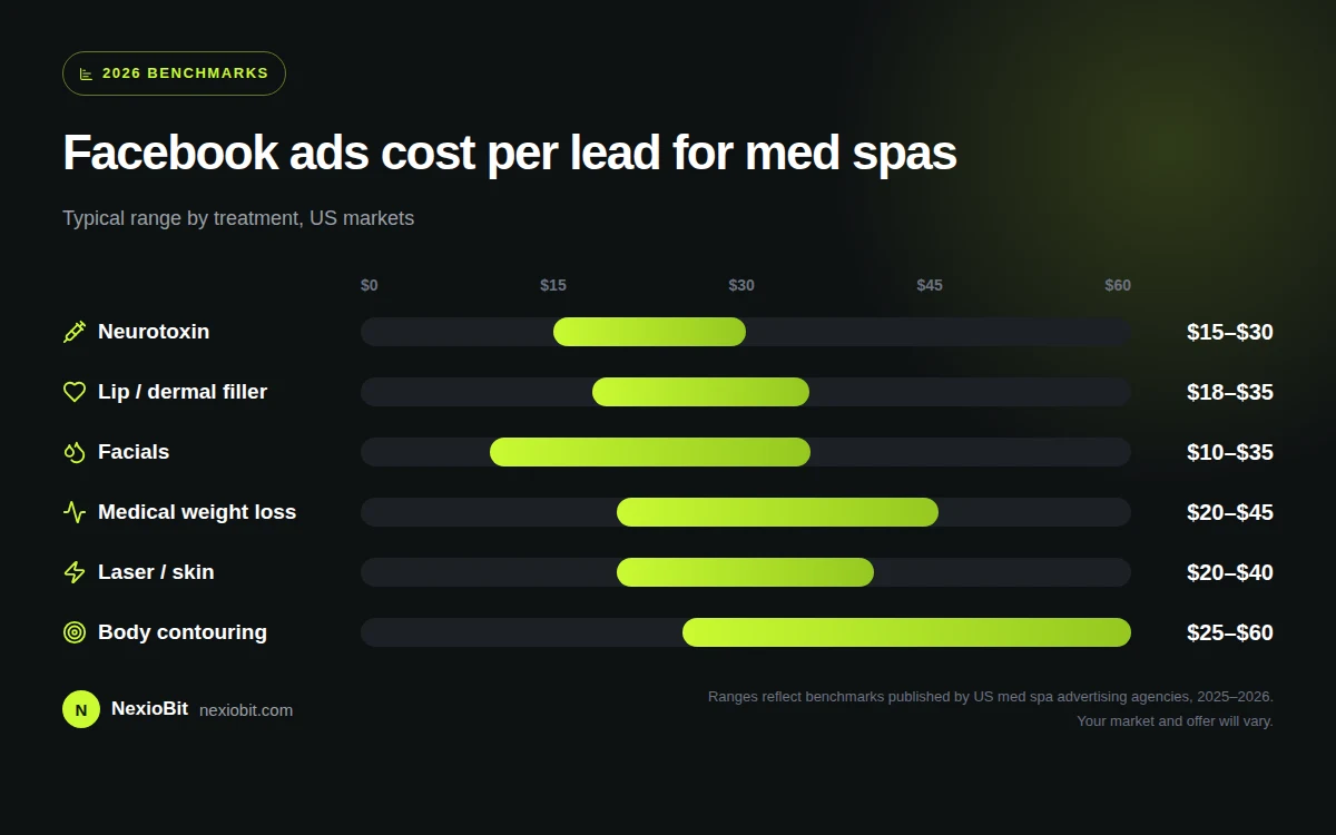 Bar chart of Facebook ads cost per lead for med spas in 2026 by treatment: neurotoxin $15 to $30, lip filler $18 to $35, facials $10 to $35, medical weight loss $20 to $45, laser $20 to $40, body contouring $25 to $60