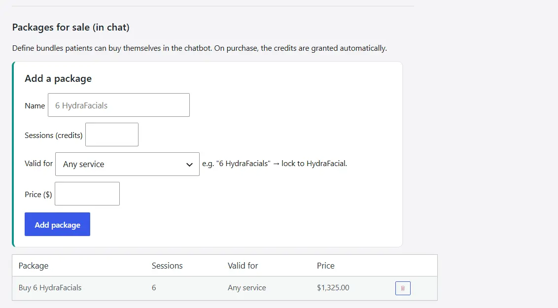Chat-purchasable session packages with credits