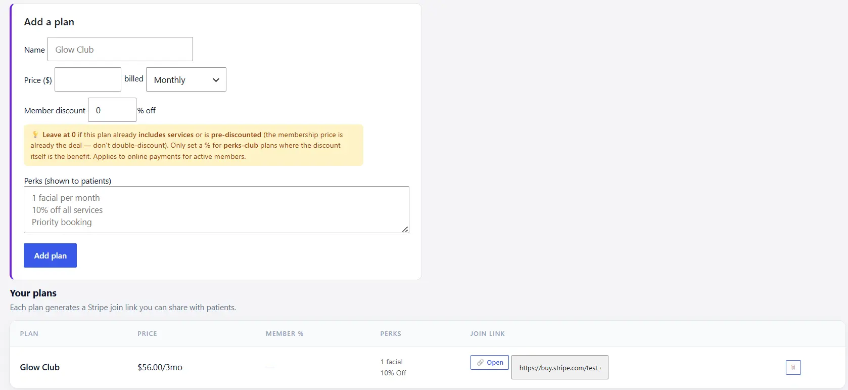 Membership plans sold via Stripe join links