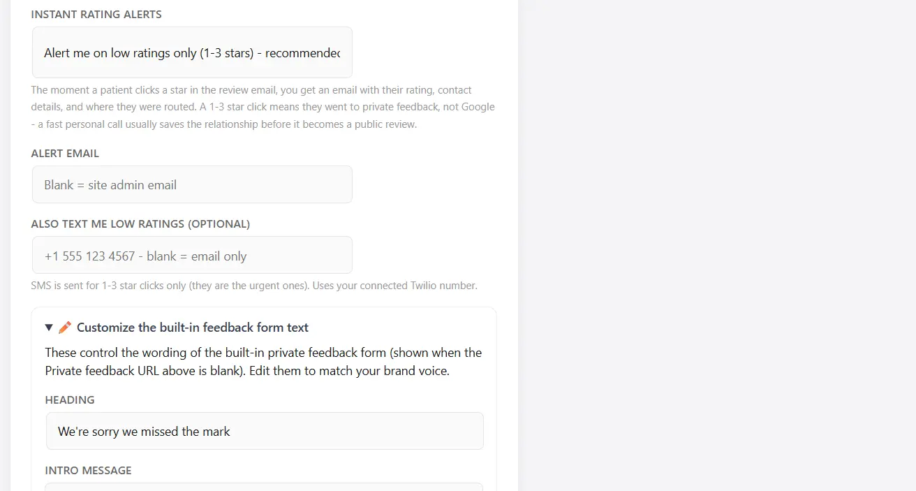 Feedback dashboard with post-visit scores and comments