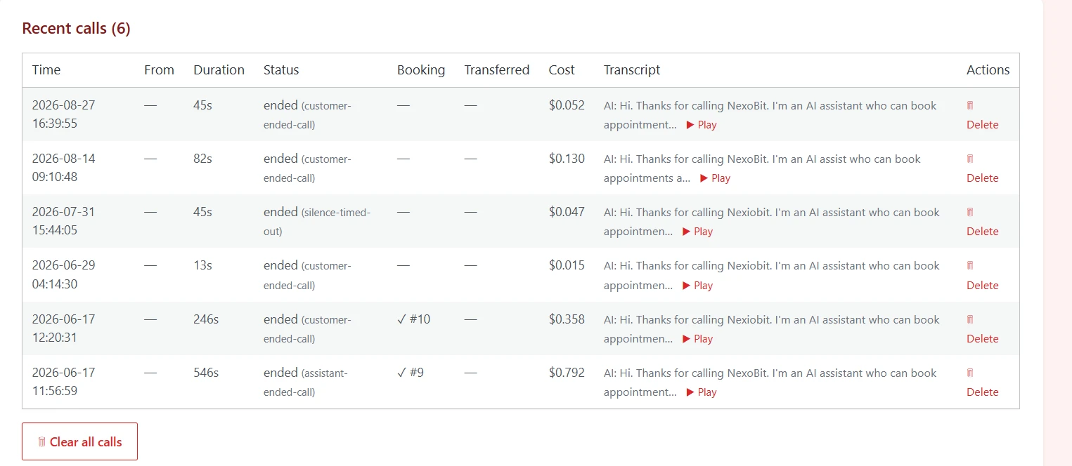 NexioFront Voice AI call log showing each call's time, duration, status, booking, cost and transcript preview with a play button for the recording