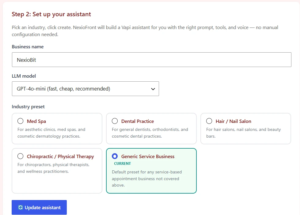 NexioFront Voice AI assistant setup with industry presets including Med Spa, a business name field and an LLM model selector