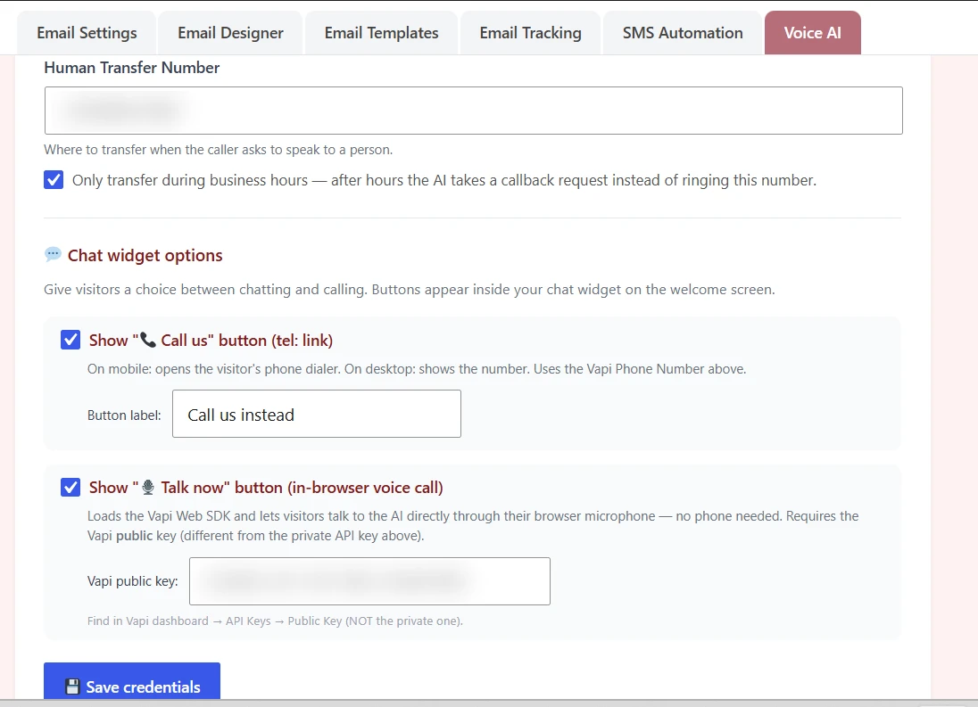 NexioFront Voice AI settings for human transfer during business hours and the website chat Call us and Talk now buttons