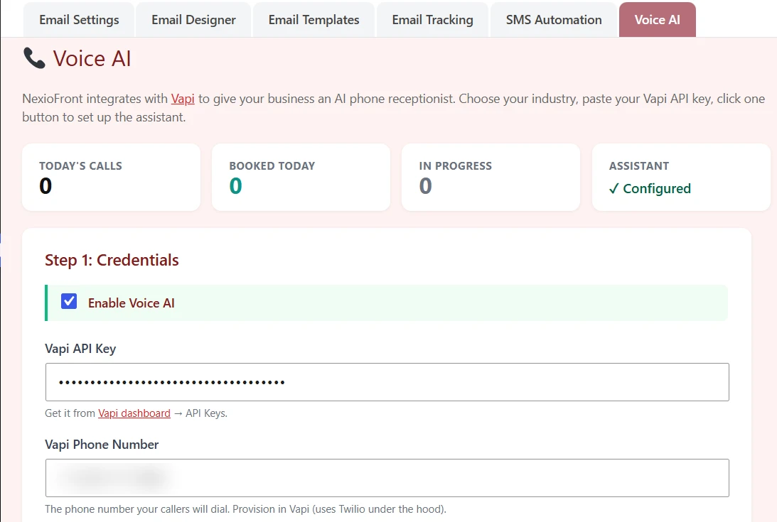 NexioFront Voice AI credentials screen with the enable toggle, Vapi API key and phone number fields and today's call stats